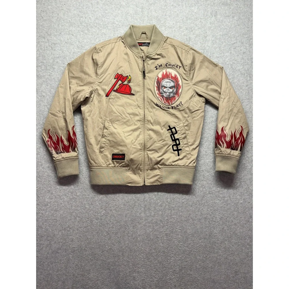 Chucky Seed of Chucky Tan Bomber Jacket Flaming Skull Graphic Mens S F2008 AX